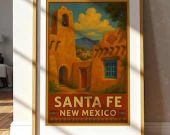 Pôster de viagem de Santa Fé, Novo México, arte de parede em adobe do sudoeste.