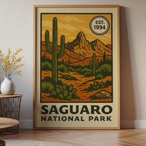 Póster del Parque Nacional Saguaro, arte mural vintage del desierto de Arizona, impresión de paisaje de cactus para casas rústicas, decoración de habitaciones de invitados y espacios de viaje.