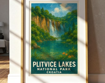 Plitvice Lakes National Park Croatia Painted Travel Poster Waterfall Landscape Wall Art