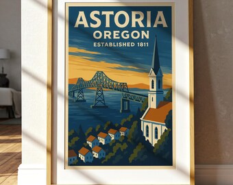 Puede incluir: Impresión artística enmarcada con un diseño de cartel de viaje vintage para Astoria, Oregón. La obra de arte representa un puente, una iglesia y casas contra un cielo al atardecer. El texto dice "Astoria Oregon Established 1811."