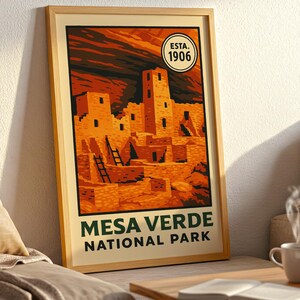 Mesa Verde National Park Print Vintage Cliff Dwelling Wall Art Colorado History Poster for Rustic Homes Cabins and Guest Room Decor