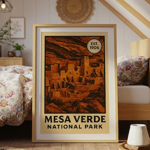 Mesa Verde National Park Print Vintage Cliff Dwelling Wall Art Colorado History Poster for Rustic Homes Cabins and Guest Room Decor