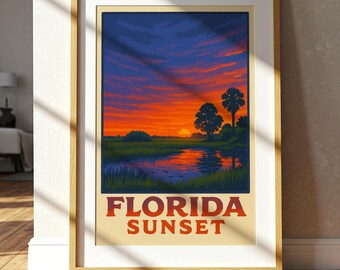 Póster vintage del Parque Nacional Everglades de Florida, impresión artística de paisaje de humedales