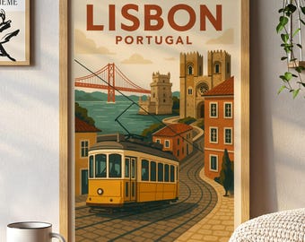 Lisbon Portugal Poster | Painted Cityscape Vintage Travel Art Print