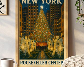 Rockefeller Center Christmas Poster | New York Holiday Wall Art Vintage Print