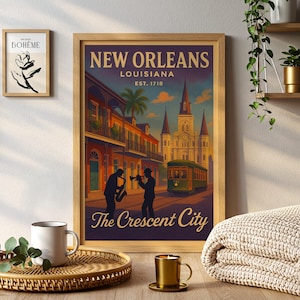 May include: A framed New Orleans travel poster with a vintage design. The poster features a street scene with musicians, a green trolley, and the text "New Orleans Louisiana" and "The Crescent City."