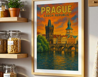 Prague Charles Bridge Sunset Poster | Czech Republic Vintage Travel Wall Art