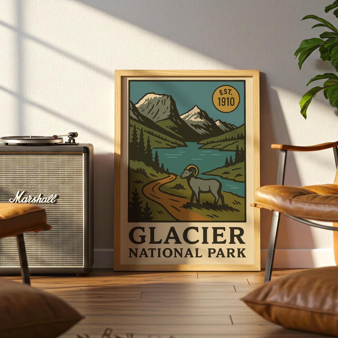 Glacier National Park Poster: Vintage Montana Goat, Mountain Lake Art ...