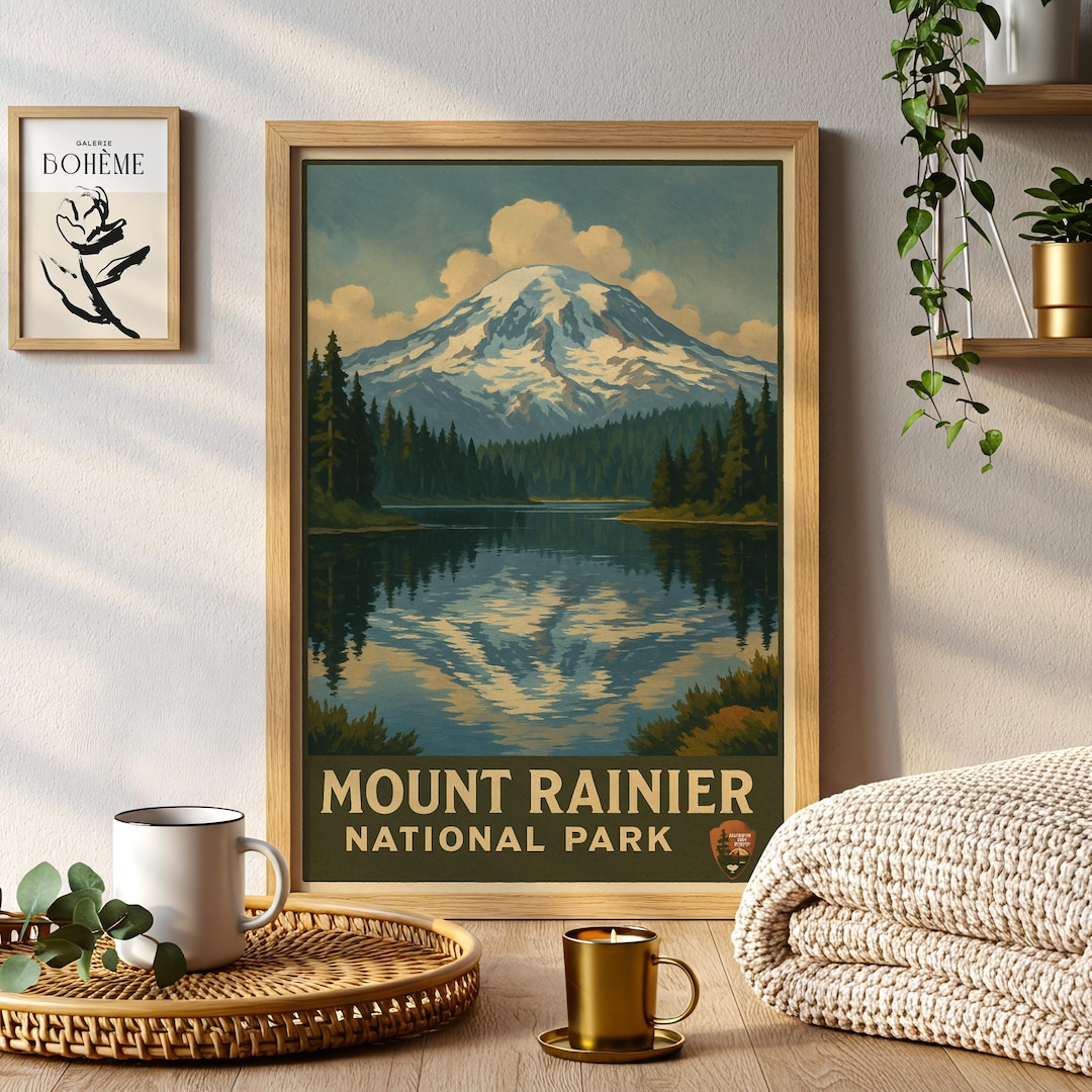 Mount Rainer Poster Vintage Mount Rainier National Park Poster, Washington Landscape Art ...