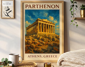 Parthenon Athens Greece Vintage Travel Poster Ancient Greek Landmark Wall Art