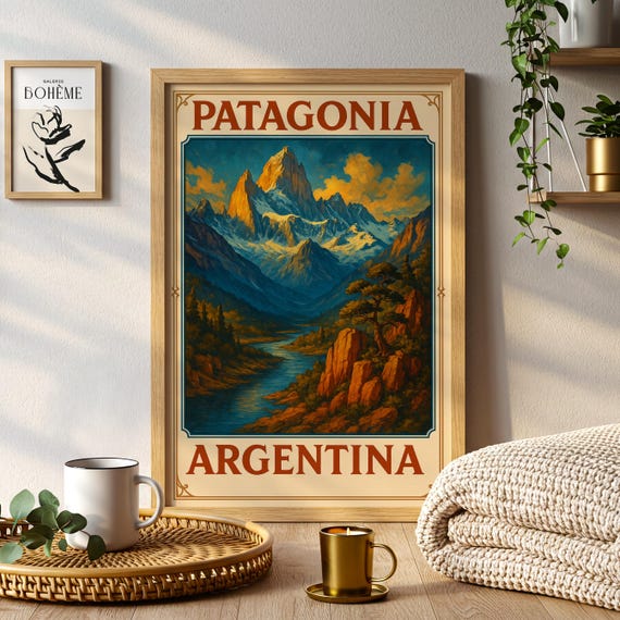 Patagonia Argentina Vintage Travel Poster Mountain Landscape Art