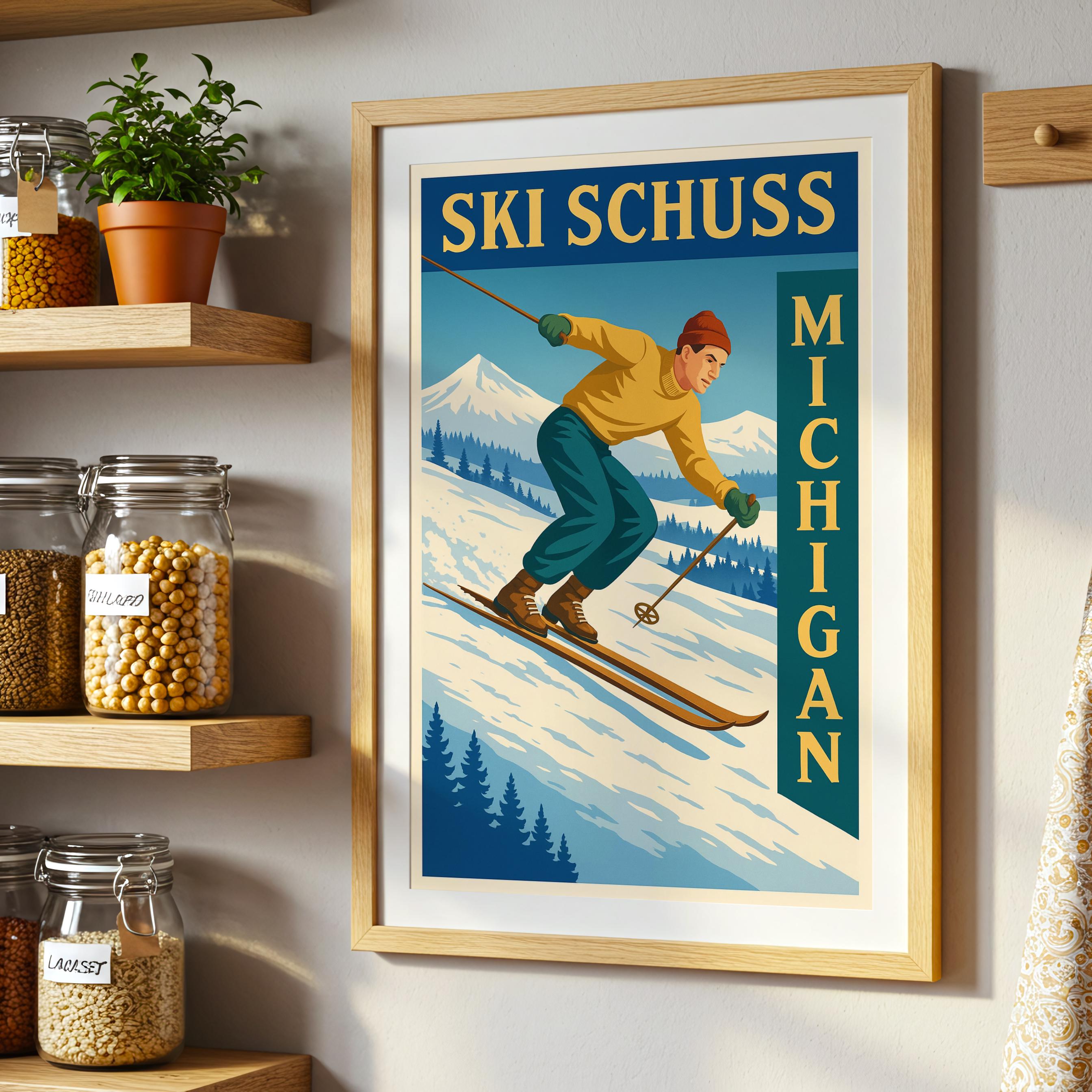 額装済/Hochhaus/ジャン ジェルマンスキー/ポスター/インテリア/アート Schuss Mountain Michigan Travel Poster Painting Ski Resort Wall