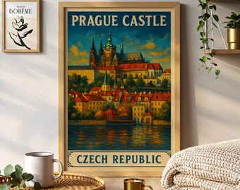 Prague Castle Vintage Travel Poster Czech Republic Historic Landmark Wall Art