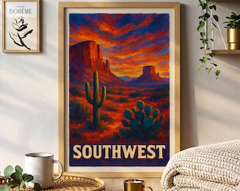 Southwest Desert Sunset Poster | Vibrant Cactus Art Western Landscape Print