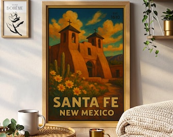 Santa Fe Adobe Painting Print – Southwest Desert Travel Poster