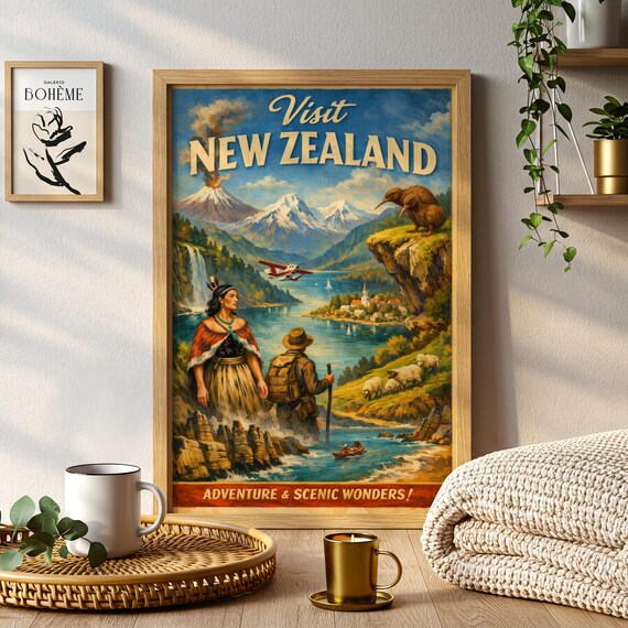 Visit New Zealand Vintage Travel Poster Scenic Adventure Landscape