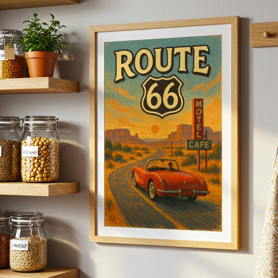 Route 66 Art Print, Vintage American Highway, Desert Landscape