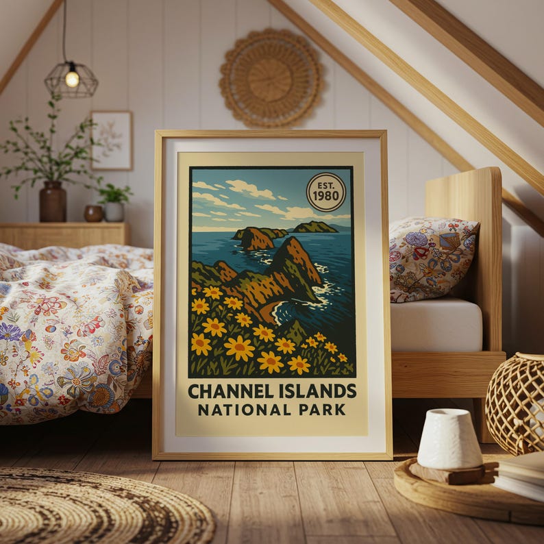 May include: A framed poster with a retro design of the Channel Islands National Park. The image shows a coastal scene with islands, sea, and yellow flowers. The poster includes the text "CHANNEL ISLANDS NATIONAL PARK" and "EST. 1980".