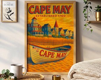 Poster di viaggio di Cape May, New Jersey, dipinto, spiaggia costiera, città, arte murale