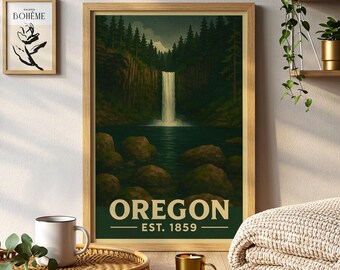 May include: A framed print featuring a scenic waterfall in Oregon, with the word "OREGON" in large white letters and "EST. 1859" below. The artwork is set in a wooden frame and depicts a lush forest and water.