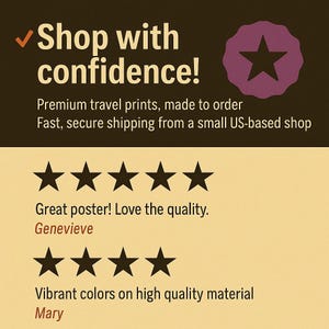May include: A promotional image with text that reads "Shop with confidence!" and customer reviews. The image features a star-shaped logo and the text "Premium travel prints, made to order". The reviews highlight the quality and vibrant colors.