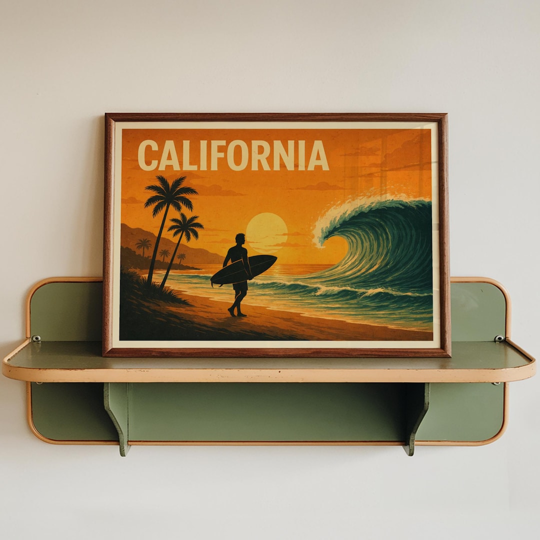 California Surf Beach Vintage Travel Poster Coastal Wall Art - Etsy