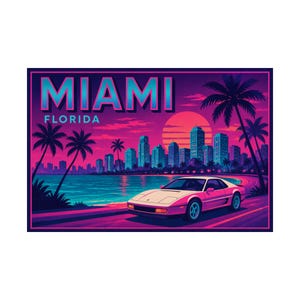 Miami Florida Retro Sunset Poster Synthwave Neon Wall Art Print image 3