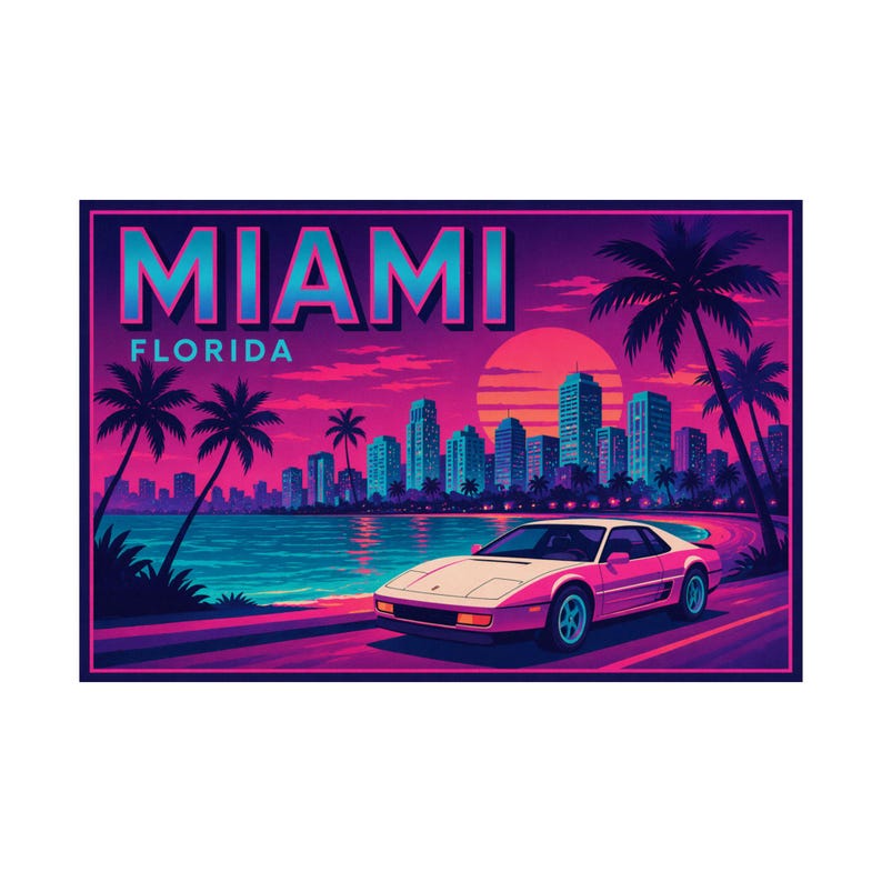 Miami Florida Retro Sunset Poster Synthwave Neon Wall Art Print image 3