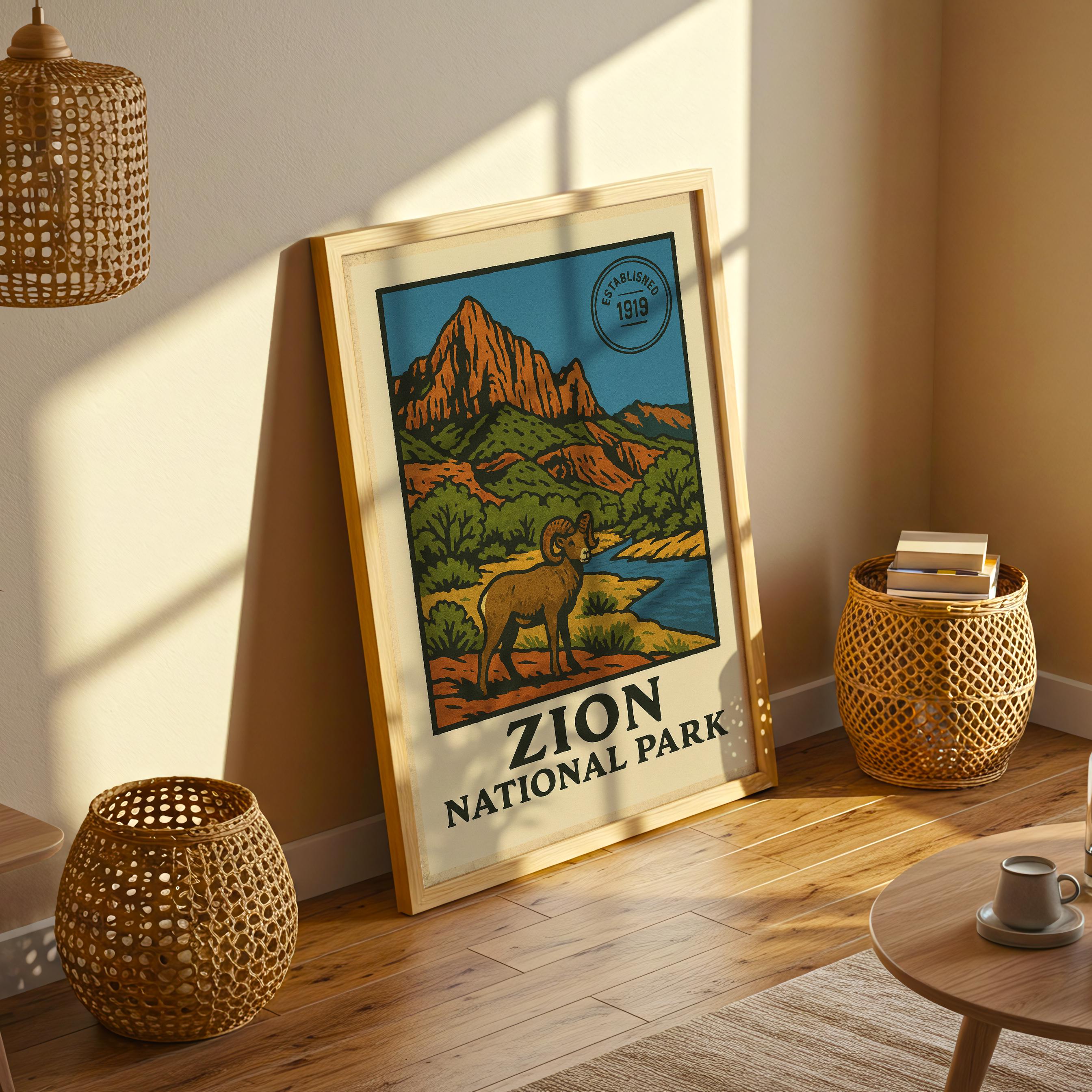 Zion National Park Poster, Vintage Bighorn Sheep Print - Etsy