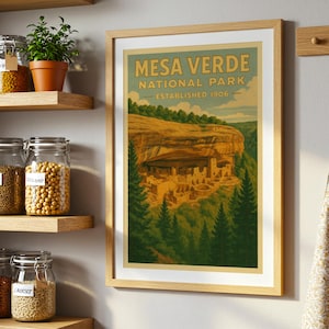Cartaz do Parque Nacional de Mesa Verde, arte de parede do Colorado, impressão de paisagem de moradia em penhasco, arte de parques nacionais para sala de estar de cabana, quarto de hóspedes