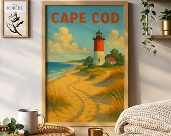 Cape Cod Poster | Coastal Beach Lighthouse Wall Art New England Print