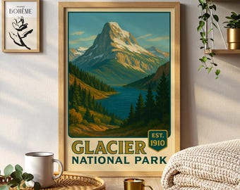 Plakat z Parku Narodowego Glacier: Wydruk artystyczny z krajobrazem górskim Montany
