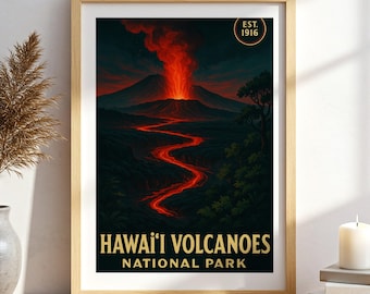 Póster del Parque Nacional de los Volcanes de Hawái, arte mural vintage con paisaje de lava