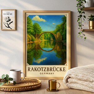 May include: A framed print of Rakotzbrücke bridge in Germany, depicting a stone bridge reflected in the water. The artwork features a blue sky, green trees, and the text "Rakotzbrücke Germany". A smaller framed print and a coffee mug are also visible.