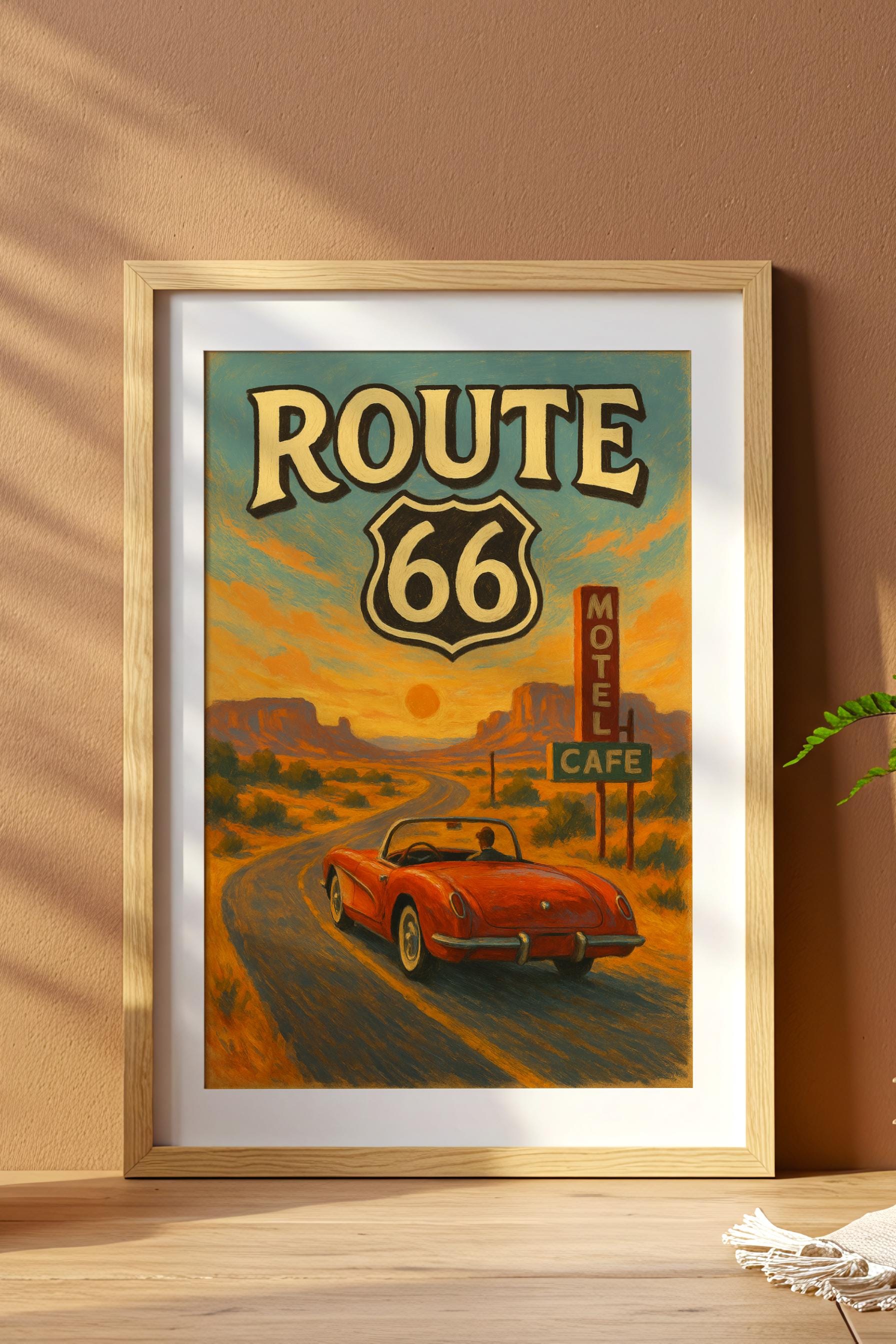 Route 66 Art Print, Vintage American Highway, Desert Landscape