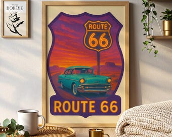 Route 66 Classic Car Print | American Highway Travel Poster