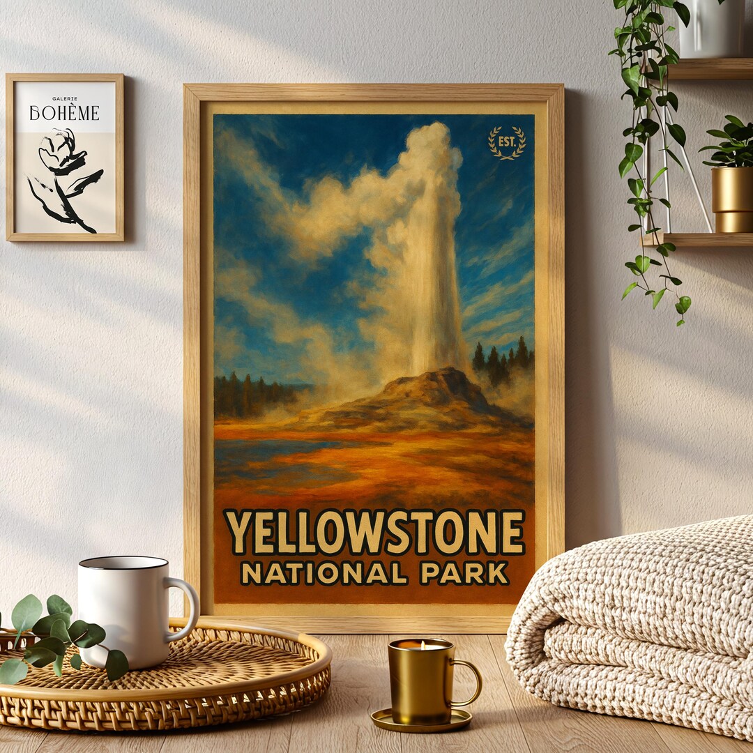 Yellowstone National Park Poster Painting Wyoming Geyser Wall Art Bison ...