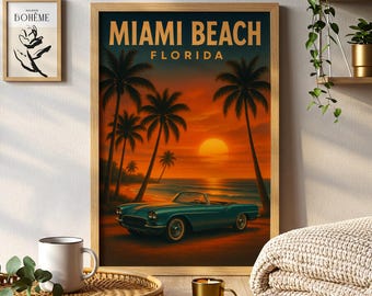 May include: A framed art print depicting a teal convertible on a beach at sunset in Miami, Florida. Palm trees are silhouetted against the sky, with the words "Miami Beach Florida". The artwork is in a retro travel poster style.