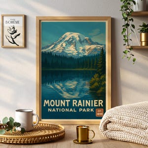 Vintage Mount Rainier National Park Poster Washington State Wall Art Snowcapped Mountain Landscape Print for Cabin Decor and Guest Rooms