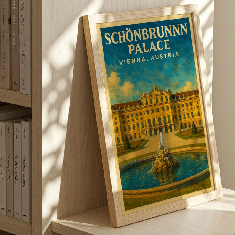 May include: Framed print of Sch&ouml;nbrunn Palace in Vienna, Austria. The artwork features a detailed illustration of the palace with a fountain in the foreground, set against a blue sky. The text "SCH&Ouml;NBRUNNN PALACE VIENNA, AUSTRIA" is displayed at the top.