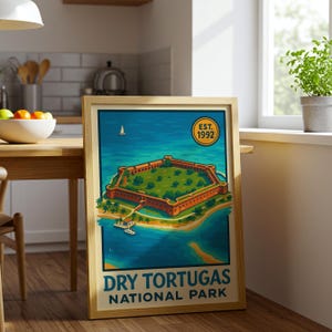 Plakat z Parku Narodowego Dry Tortugas, sztuka ścienna na wyspie Florydy, Fort Jefferson, wydruk nadmorski do wystroju domu na plaży, pokoju gościnnego lub w stylu Airbnb