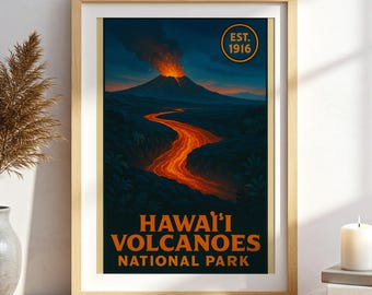 Póster del Parque Nacional de los Volcanes de Hawái, impresión artística vintage de un paisaje de lava