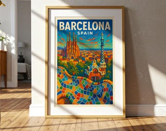 Barcelona Spain Vintage Travel Cityscape Poster | Mediterranean Wall Art