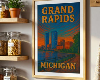 Grand Rapids Michigan Travel Poster Painting City Skyline Wall Art