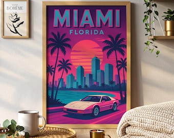 Miami Florida Travel Poster Painting Retro Neon City Wall Art