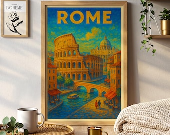 Rome Travel Poster | Colosseum Vintage Italy Wall Art Print