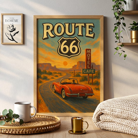 Route 66 Art Print, Vintage American Highway, Desert Landscape