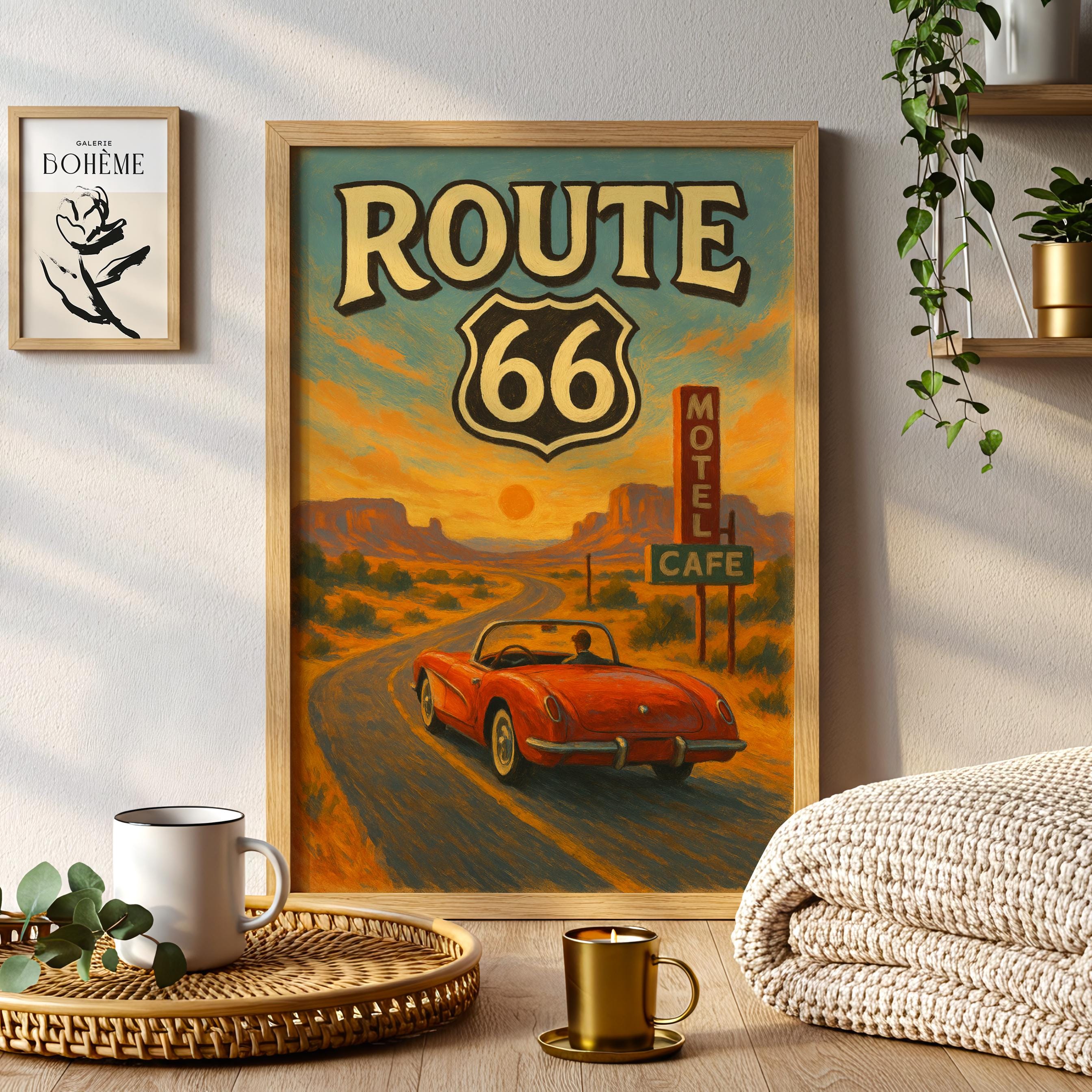 FordMotorCompany Route66 ヴィンテージ風 壁掛けアート Route 66 Art Print, Vintage American Highway, Desert Landscape