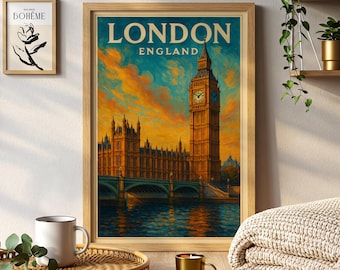 Póster de viaje vintage de Londres, Inglaterra, Big Ben, monumento histórico, arte mural