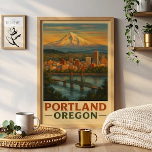 Portland Oregon Cityscape Matte Poster, Mount Hood Art Print